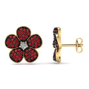 Brinco Flor com Zircônias Vermelhas e Ródio Negro Ouro 18k