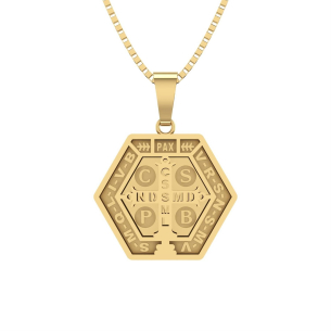 Pingente São Bento Hexagonal Cruz Galeria Ouro 18k